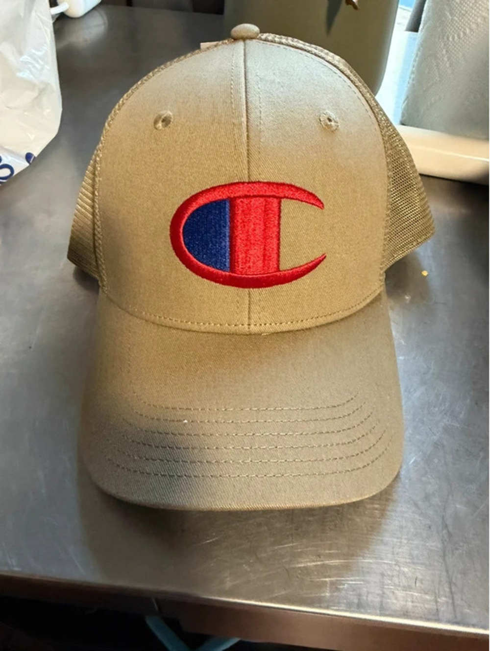 Champion Dark Beige Trucker Hat Snapback Big C Logo Adult One Size NWT